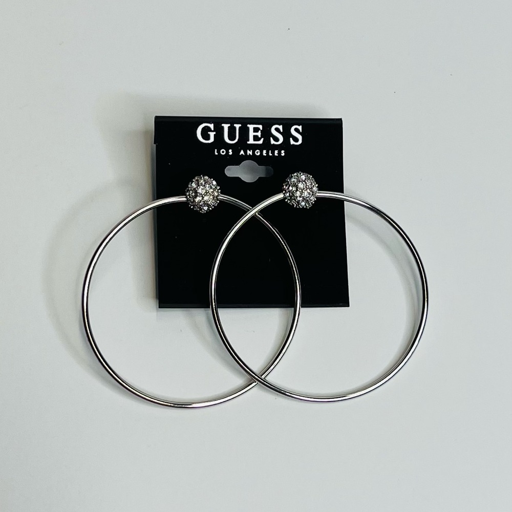 New Guess Silver Tone Hoop Earrings With Pave Crystal Balls